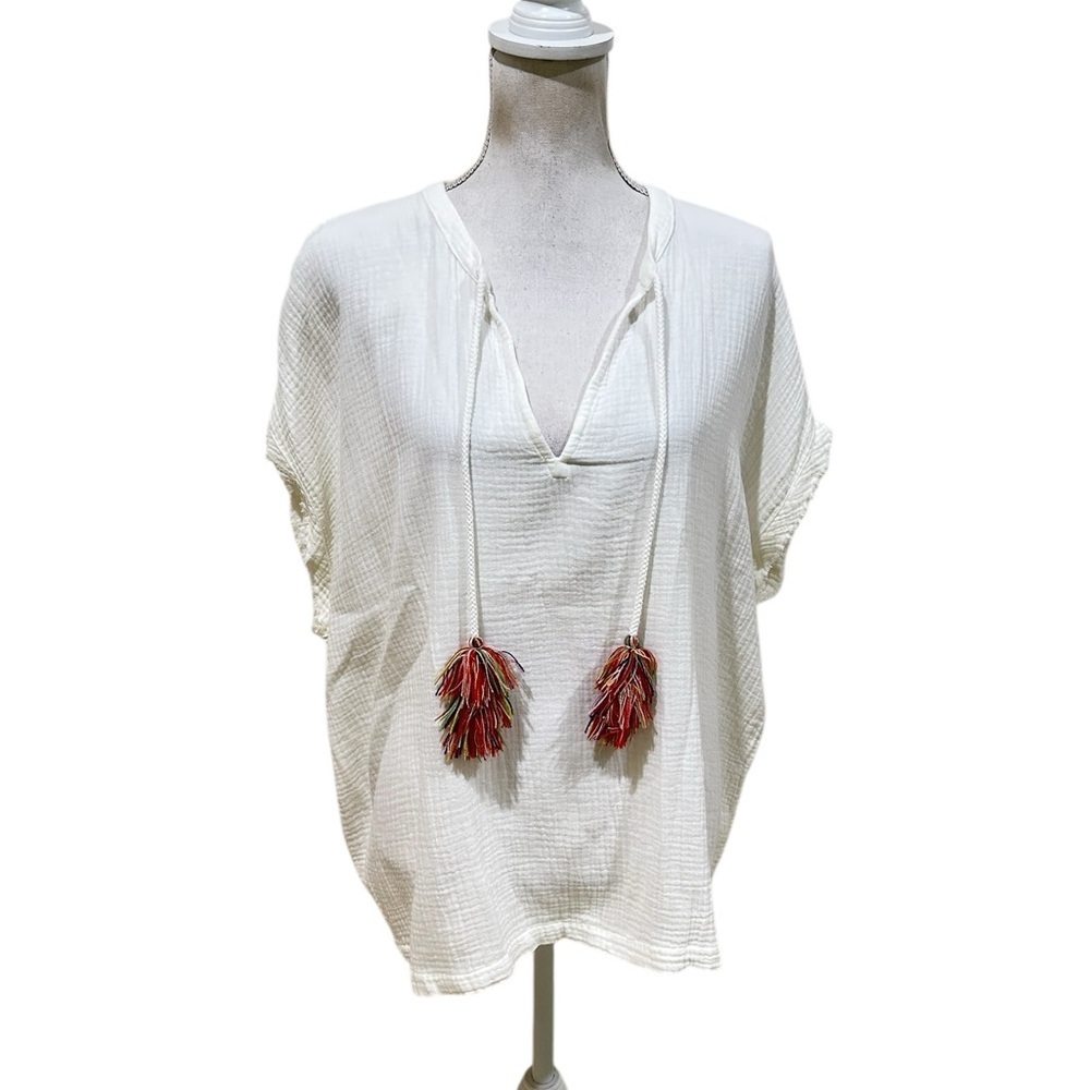 Sundays off white v neck Boho Top multi color tassel fringe hem cap sleeve OS